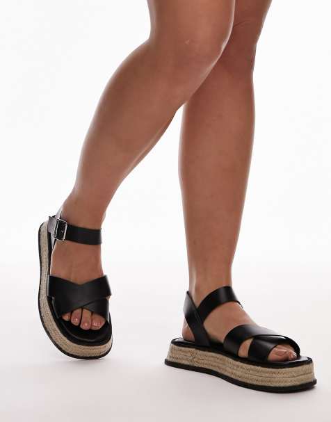 Topshop Wide Fit Jenna espadrille flat sandal in black - view 1