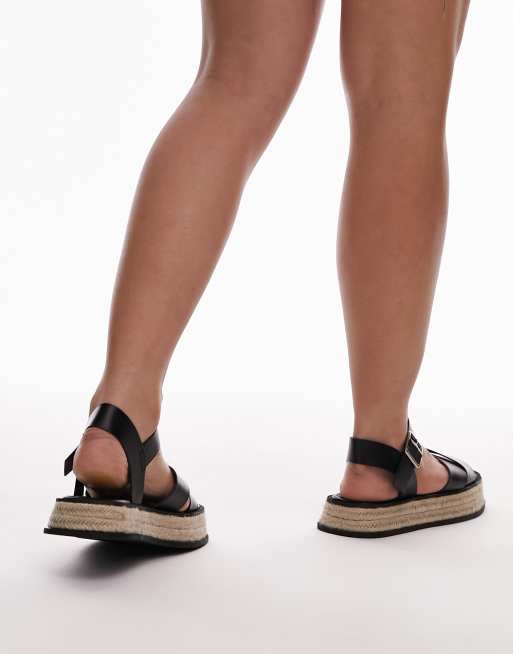 Topshop Wide Fit Jenna espadrille flat sandal in black, 3 of 4