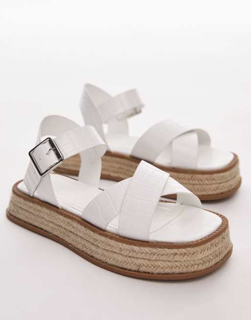 Topshop Wide Fit Jenna espadrille flat sandals in white croc, 3 of 4