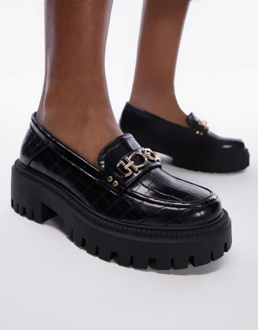 Topshop Wide Fit – Lacey – Svarta grova loafers