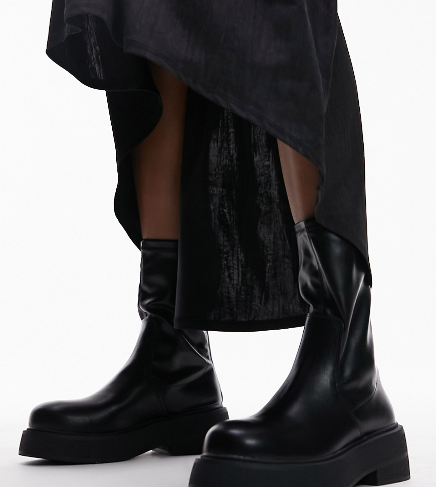 Topshop Wide Fit Laura Textured Sole Ankle Sock Boot In Black