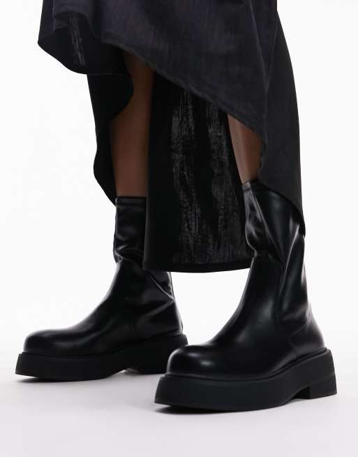 Topshop Wide Fit Laura textured sole ankle sock boot in black