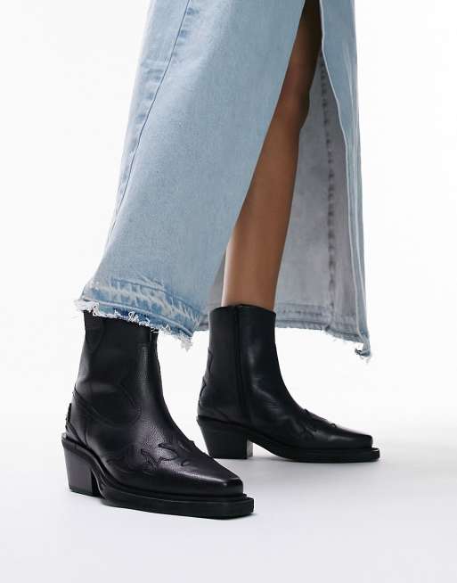 Topshop Wide Fit – Lena – Czarne skórzane botki kowbojskie o długości za kostkę