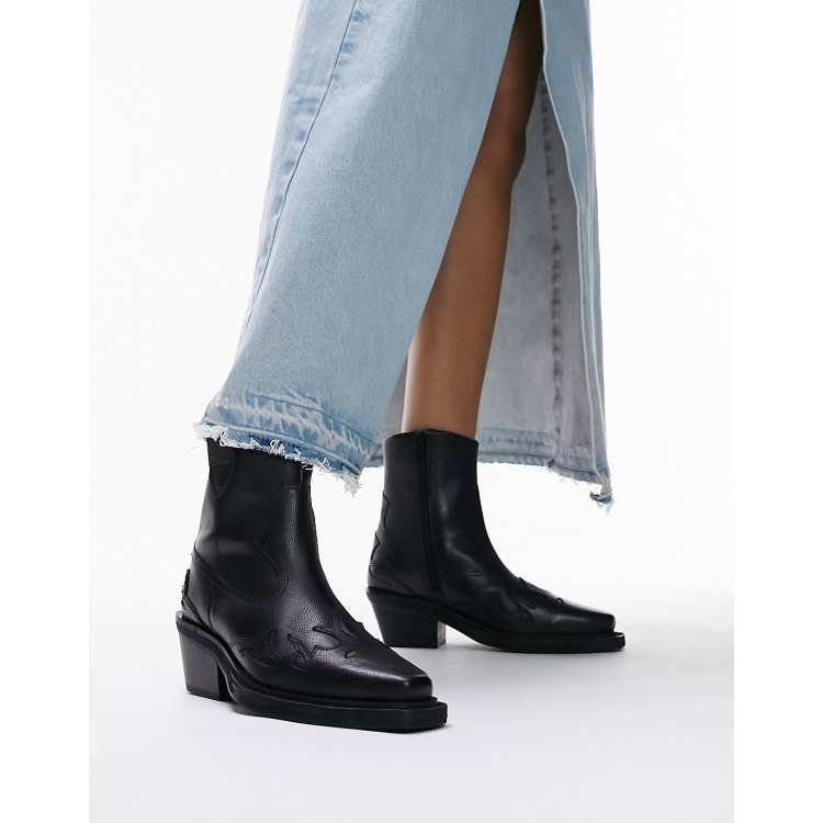 Topshop Wide Fit Lena leather western ankle boots in black