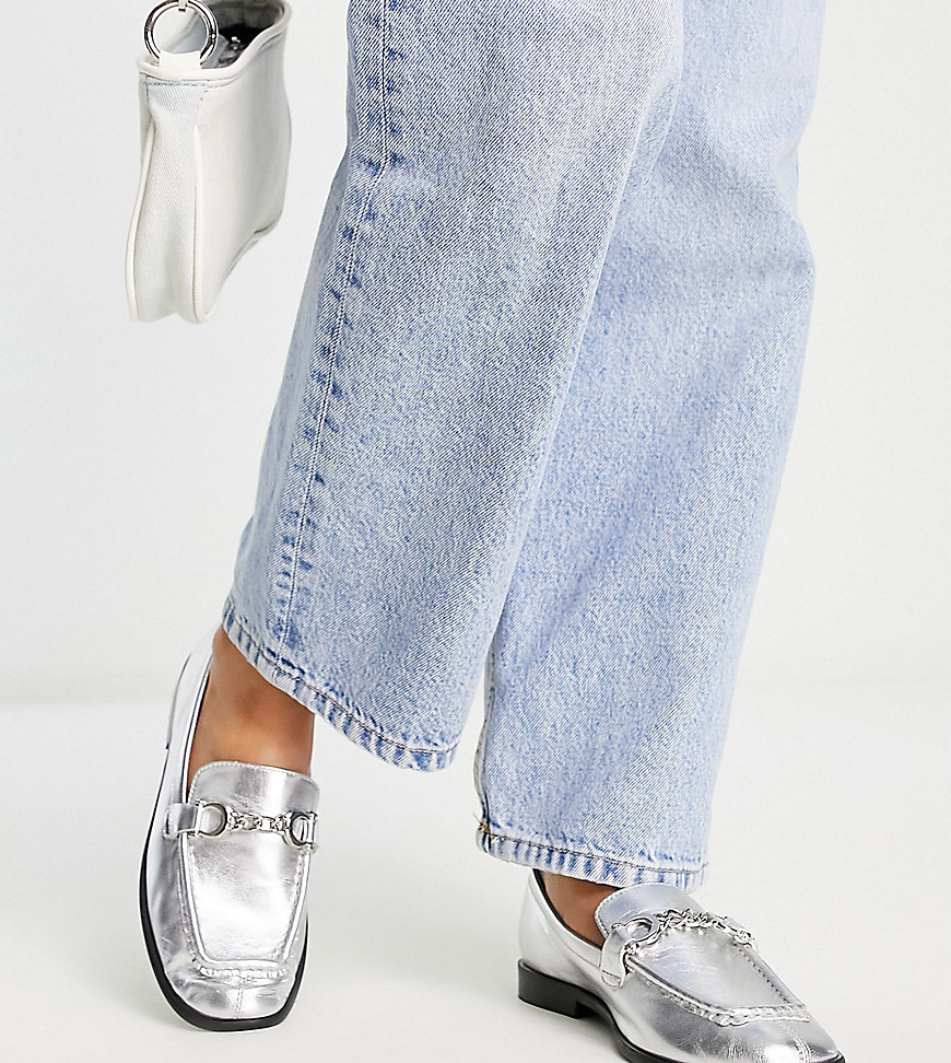 Topshop Wide Fit Lola leather loafer with chain detail in silver