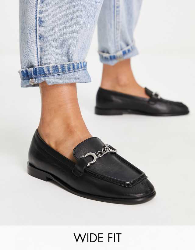 Topshop Wide Fit Lola leather loafers with chain detail in black