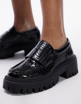 Topshop Wide Fit Lottie chunky loafer in black croc - ASOS Price Checker