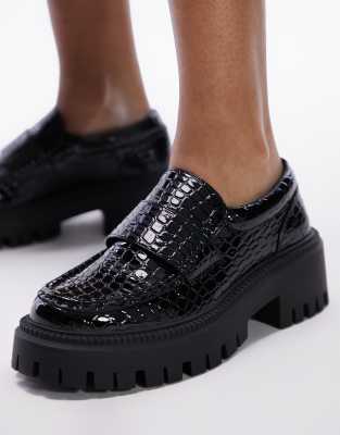 Topshop Wide Fit Lottie chunky loafer in black croc - ASOS Price Checker