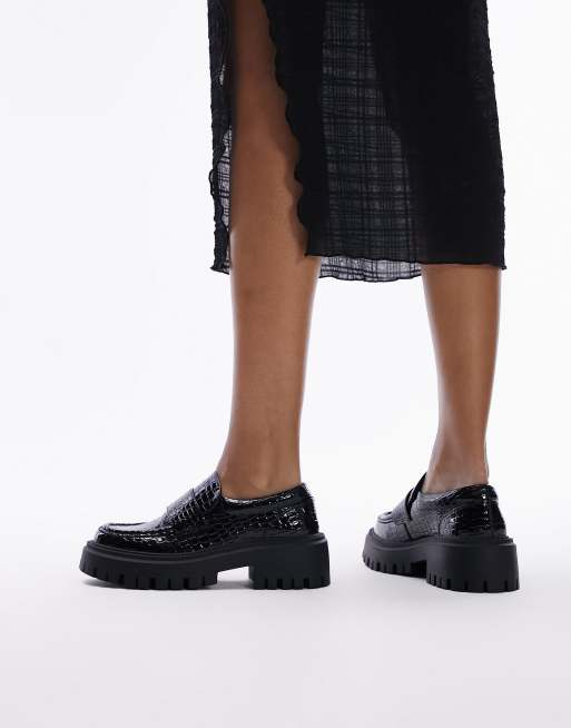 Topshop Wide Fit Lottie chunky loafer in black croc, 4 of 4