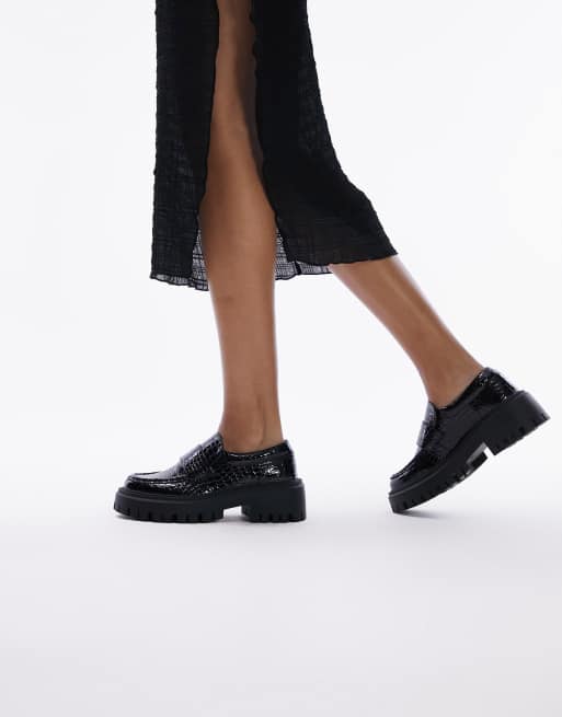Topshop Wide Fit Lottie chunky loafers in black croc, 2 of 4