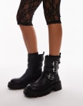 [Topshop] Topshop Wide Fit Luke chunky biker boots with buckle detail in black 36 BLACK