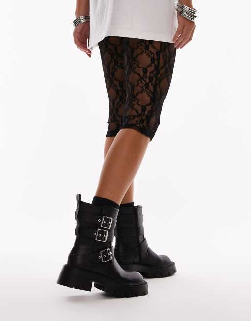Womens black combat boots with buckles sales
