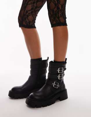 Topshop Wide Fit - Luke - Motorradstiefel in Schwarz mit dicker Sohle und Schnallen