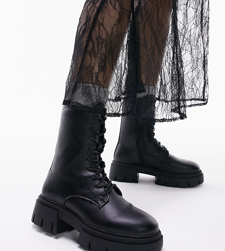 Topshop Wide Fit Lydia chunky lace up boot in black