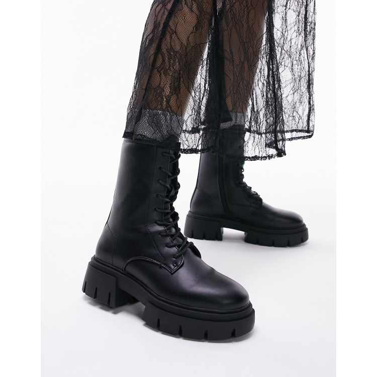 Topshop Wide Fit Lydia chunky lace up boot in black