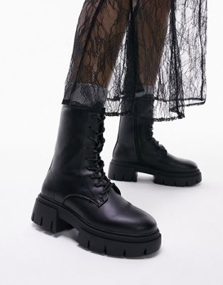 Topshop Wide Fit Lydia chunky lace up boot in black - ASOS Price Checker