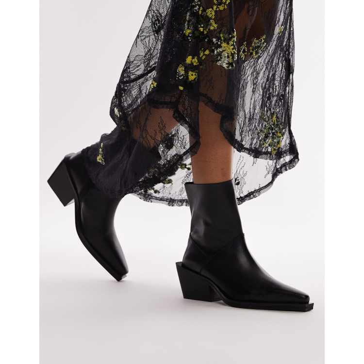 Topshop Wide Fit Maddy leather western boots in black | ASOS