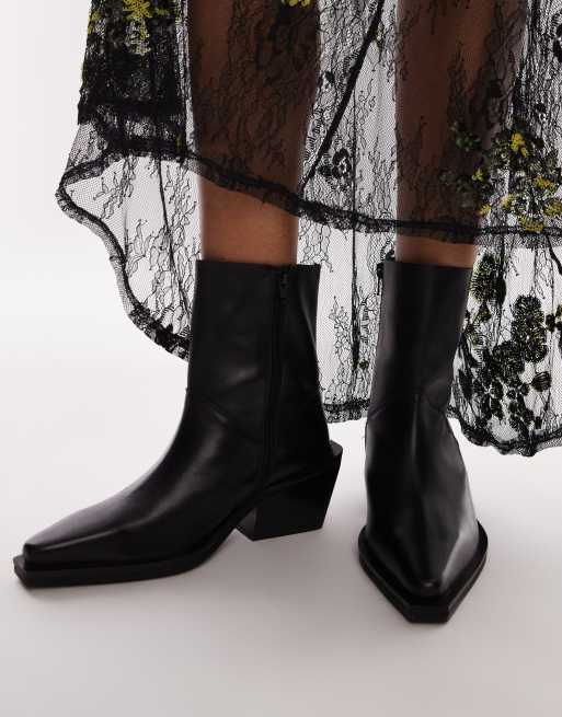 Topshop Wide Fit Maddy leather western boots in Black