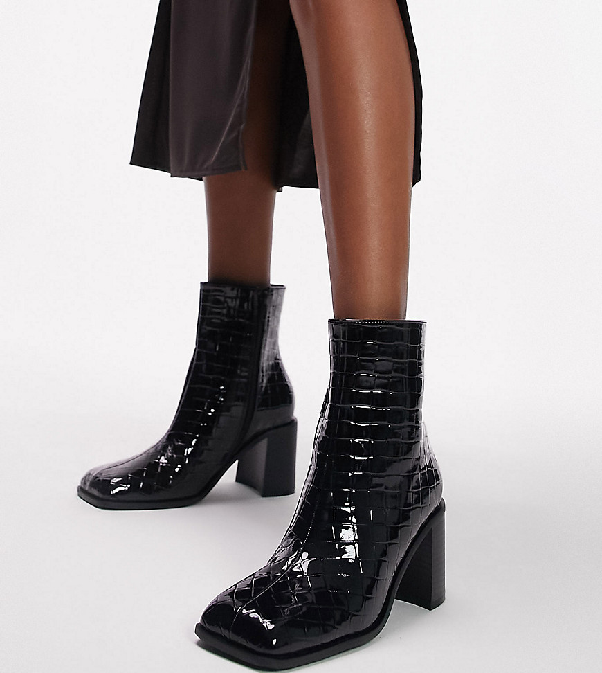 Topshop Wide Fit Mae block heel ankle boot in black weave