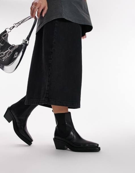 Topshop Wide Fit Maeve leather western ankle boots in black - view 1