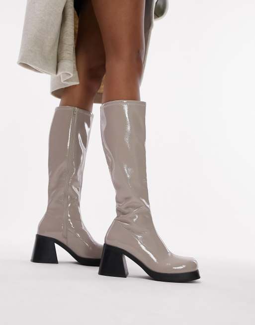 Topshop Wide Fit Maisie knee high block heel boot in off white