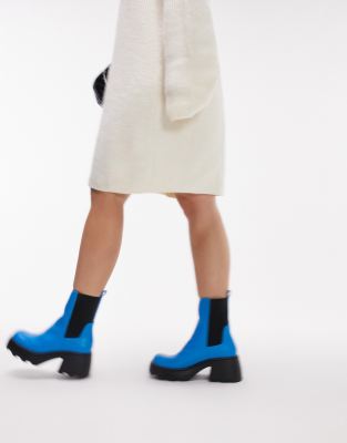 Topshop Wide Fit - Margot - Chelsea-Stiefel in Blau mit dicker Sohle