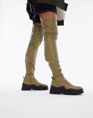 Topshop Martha Over The Knee Stretch Boots In Olive-green