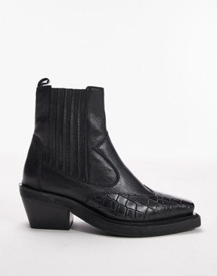 Topshop Miffy Leather Western Ankle Boot In Black