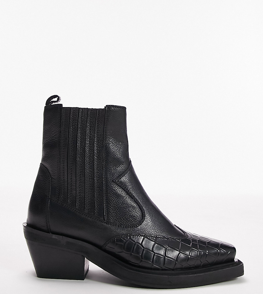 Topshop Wide Fit Miffy leather western ankle boot in black