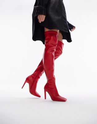 TOPSHOP WIDE FIT MOLLIE OVER THE KNEE HEELED SOCK BOOT IN RED