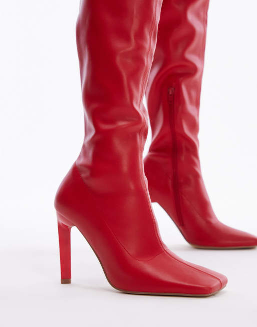 Leather Overknee Stiefel Leder Rot Topshop – Wide Fit – Mollie