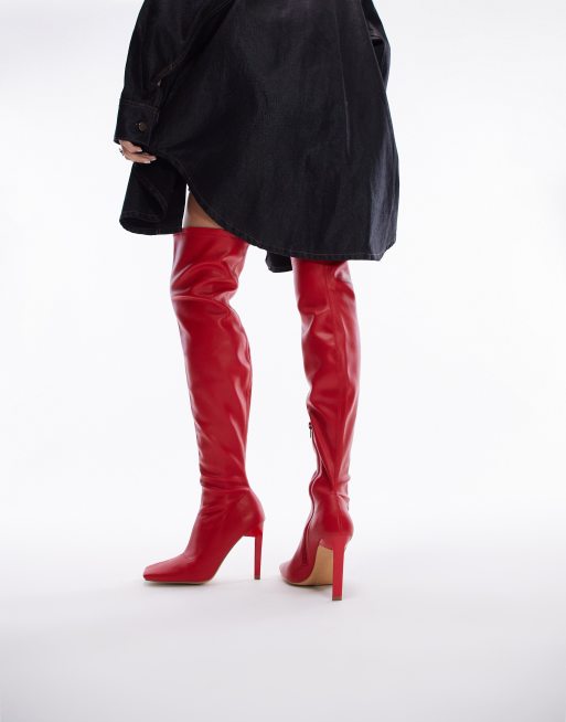 Topshop Wide Fit – Mollie – Röda, lårhöga sockboots med klackar, 4 av 4