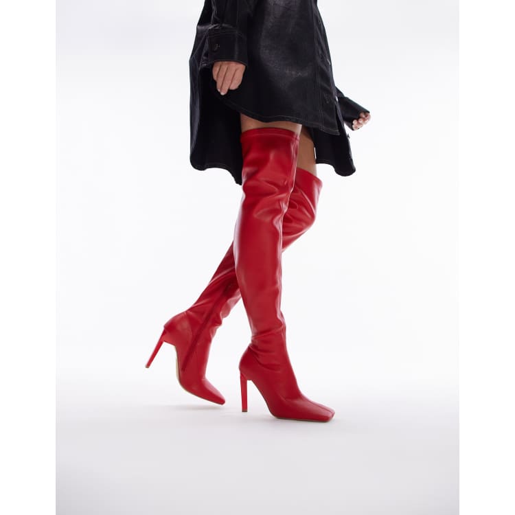 Topshop Wide Fit Mollie Stivali a calza sopra il ginocchio con tacco a pianta larga rossi ASOS