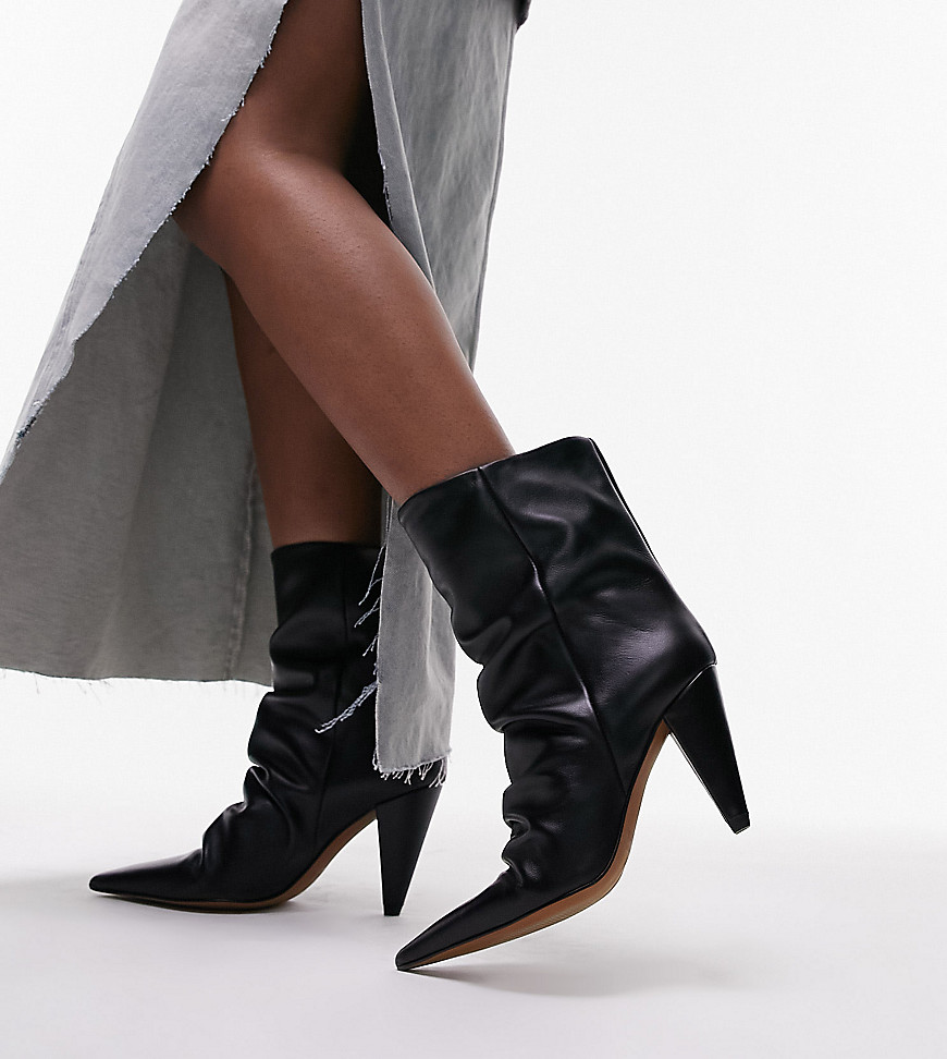 Topshop Wide Fit Nadia real leather pointed cone heel ankle boot in black