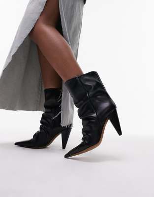 Topshop Wide Fit Nadia Real Leather Pointed Cone Heel Ankle Boots In Black