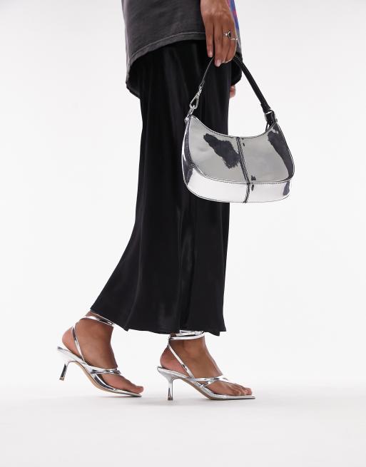 Topshop Wide Fit - Nancy - Sandaler i sølvfarvet krokodillelook med stropper, tårem og mellemhøj hæl
