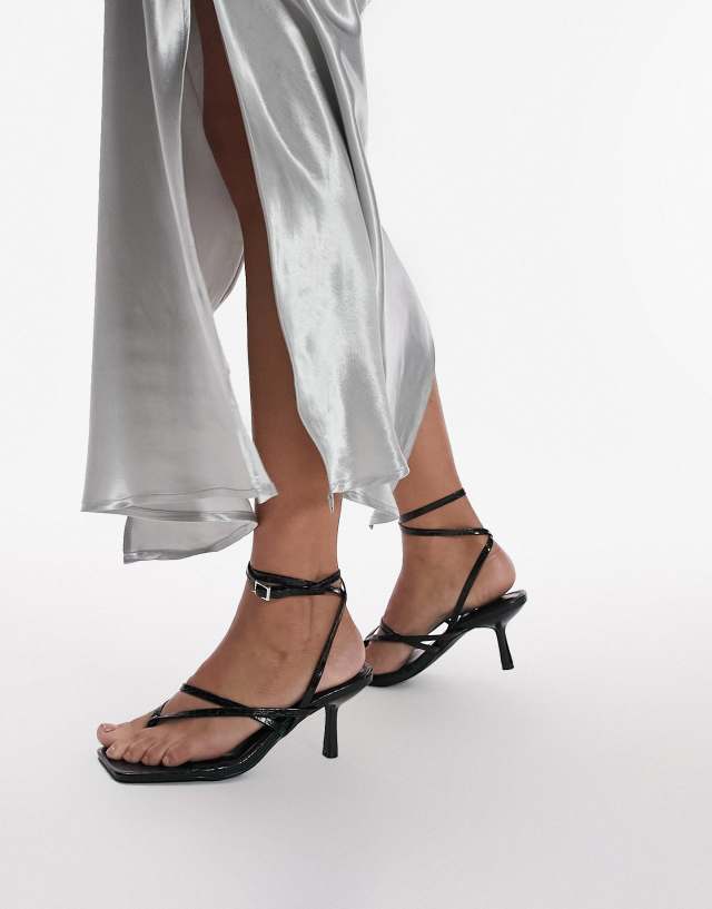 Topshop Wide Fit Nancy strappy toe post mid heeled sandal in black croc