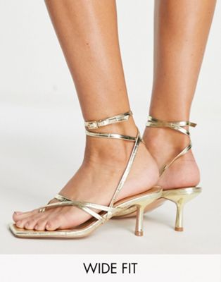 Topshop Wide Fit Nancy strappy toe post mid heeled sandal in gold croc