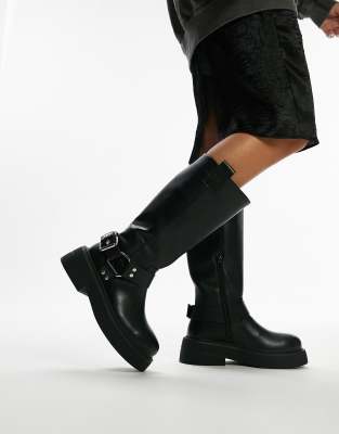 Topshop Wide Fit - Rambo - Biker-Stiefel in Schwarz mit dicker Sohle, weite Passform