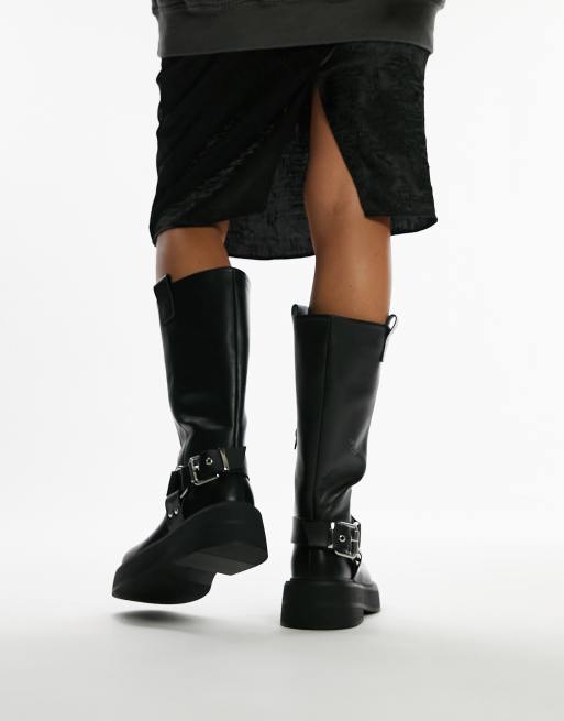 Topshop Wide Fit Rambo chunky biker boots in black, 3 of 4