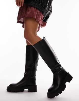 Topshop Wide Fit - Riya - Kniehohe Stiefel in Schwarz mit dicker Sohle