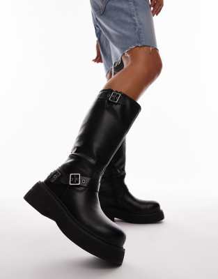 Topshop Wide Fit - Roy - Motorrad-Stiefel in Schwarz mit Metallbesatz und dicker Sohle