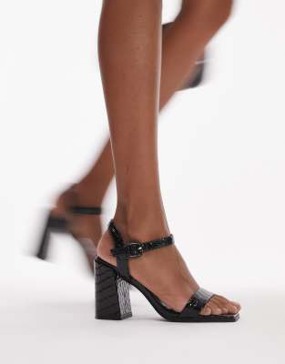 Topshop Topshop Wide Fit Skylar two part block heeled sandal in black croc