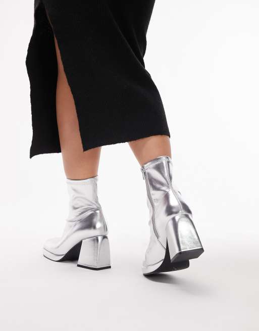 Topshop Wide Fit Tiff block heeled ankle boot in silver ASOS