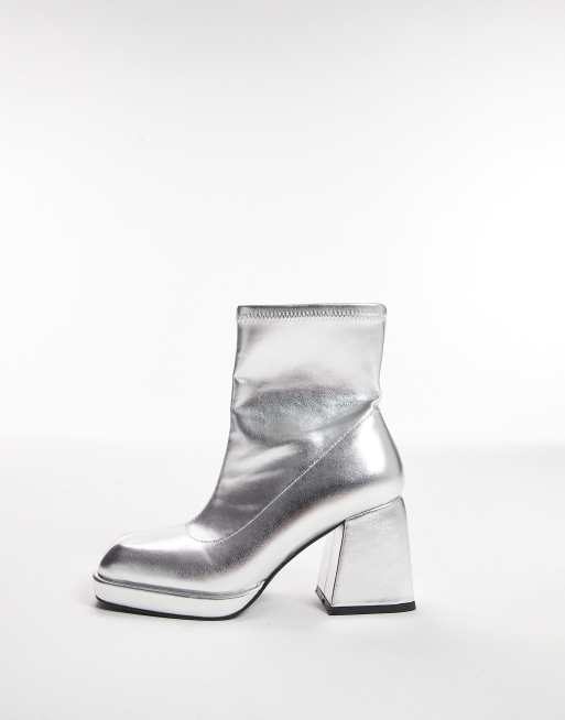 Topshop Wide Fit Tiff block heeled ankle boots in silver