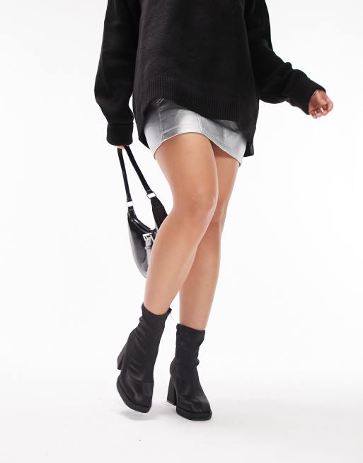 Topshop Wide Fit Tiff satin block heeled ankle boots in black