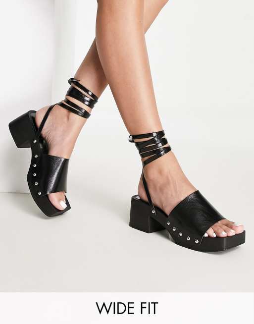 Topshop Wide Fit – Willa – Czarne chodaki na średnim obcasie z wiązaniem