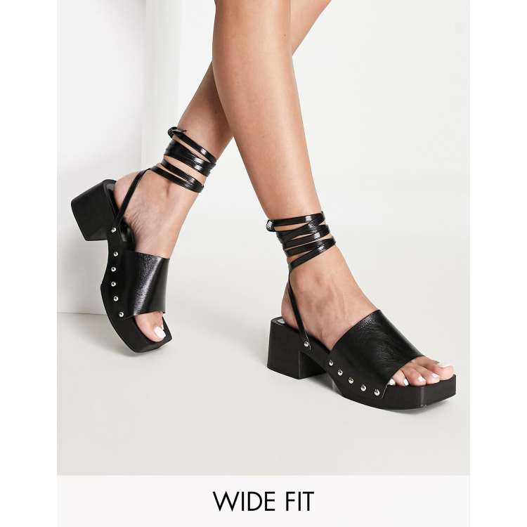 Topshop Wide Fit Willa mid heel clogs with tie in black ASOS