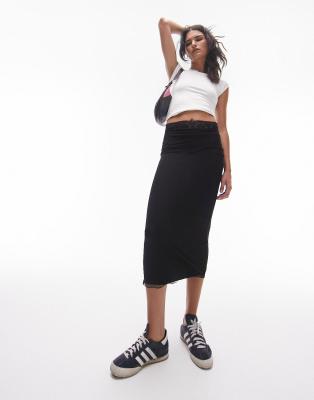 wide lace trim midi skirt in black