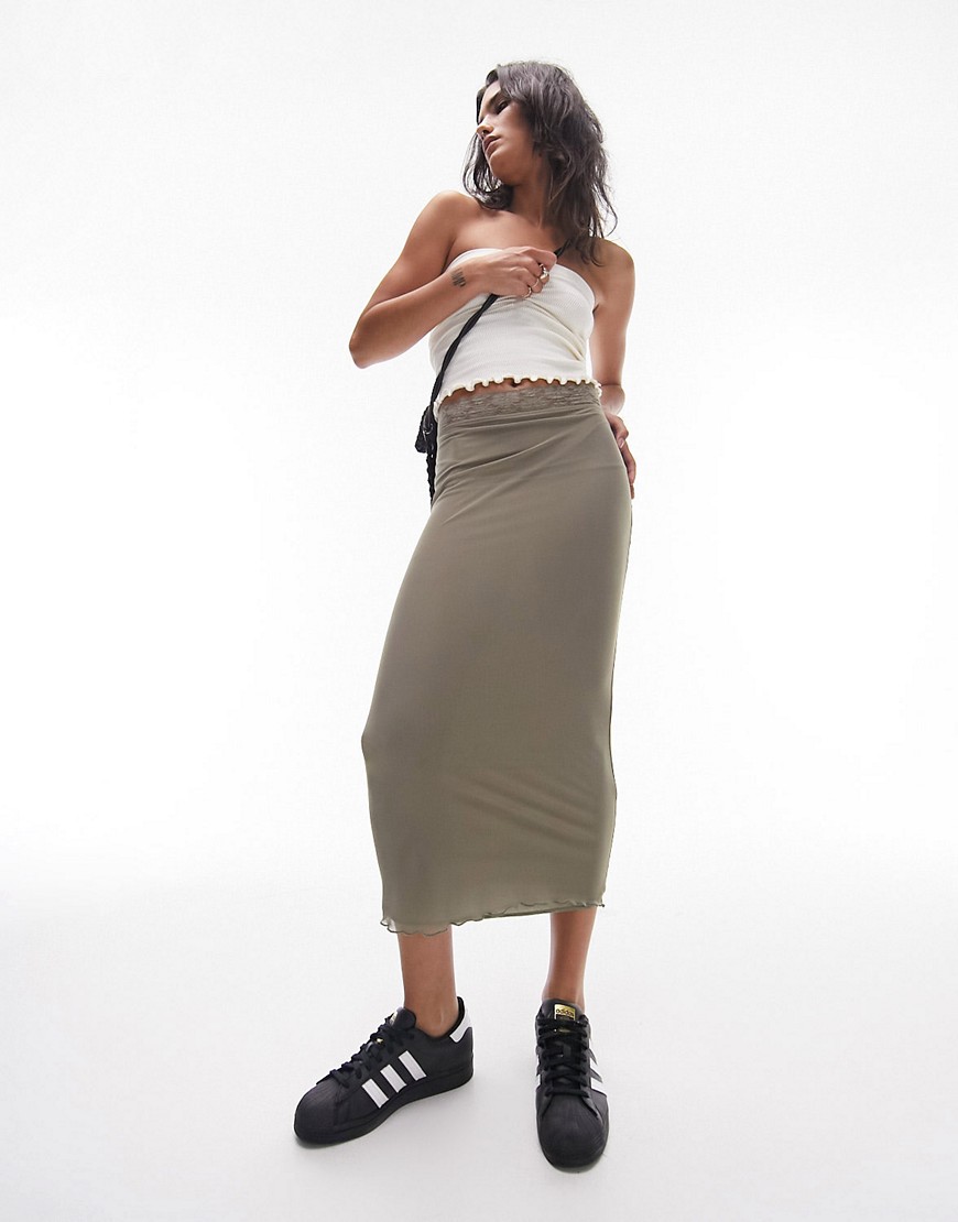 Topshop wide lace trim midi skirt in sage green